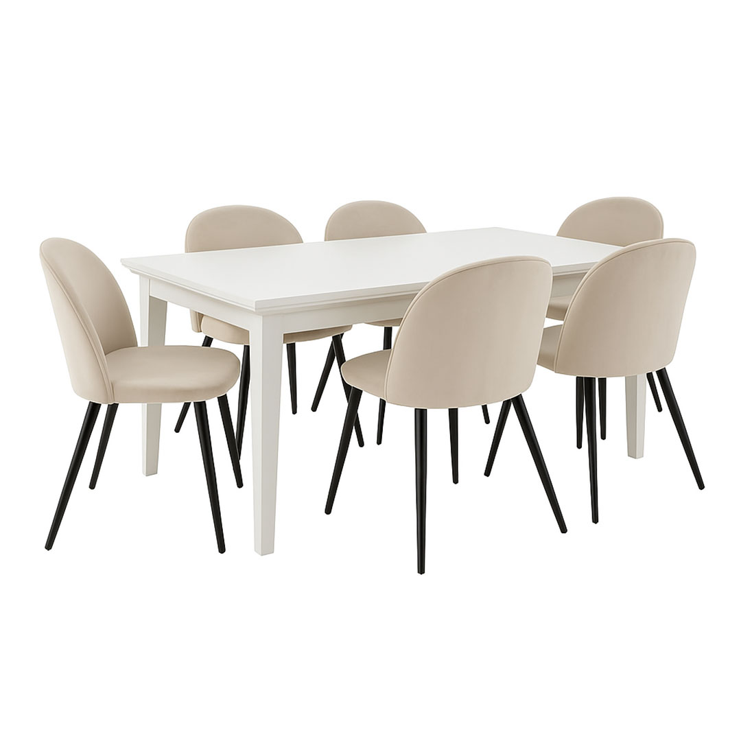 Tvillum Venedig Essgruppe Tisch Weiß 95x180/276 Mit 2 Stk. Zusatzplatten 6 Stühlen Velour Beige.