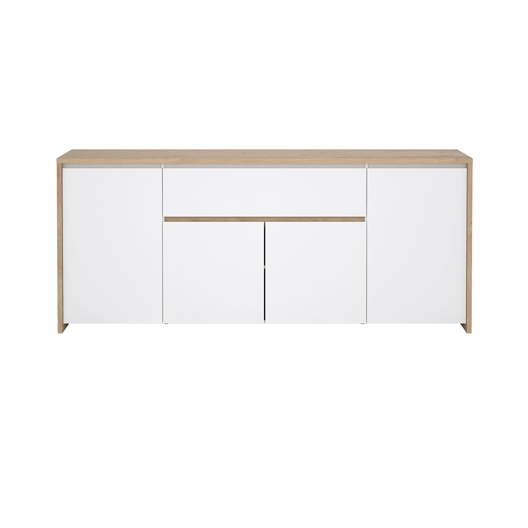 Next Sideboard 4 Türen, 1 Schublade Eichen-Dekor, weiß hochglanz.