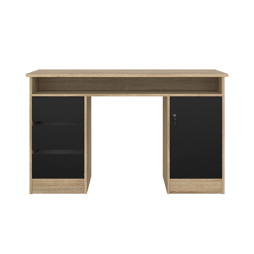 FunctionPlus Schreibtisch mit Schloss 1 Tür 3 Schubladen Eiche dekor schwarz.