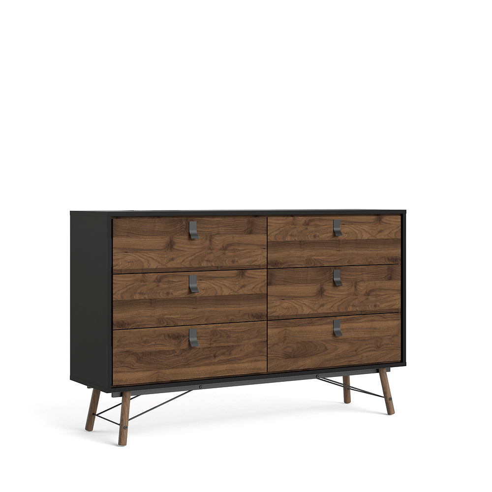 Tvillum Rye Kommode Breit 6 Schubladen Mattschwarz, Walnuss Dekor.