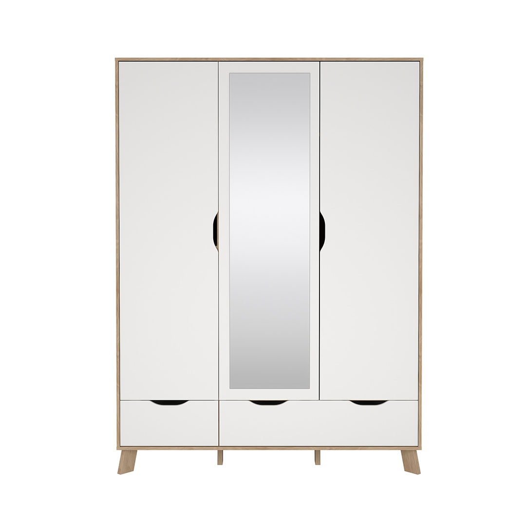 Ikast Kleiderschrank 201x148x58cm, 2 Türen, 1 Spiegeltür, 2 Schubladen Eichen-Dekor, weiß.