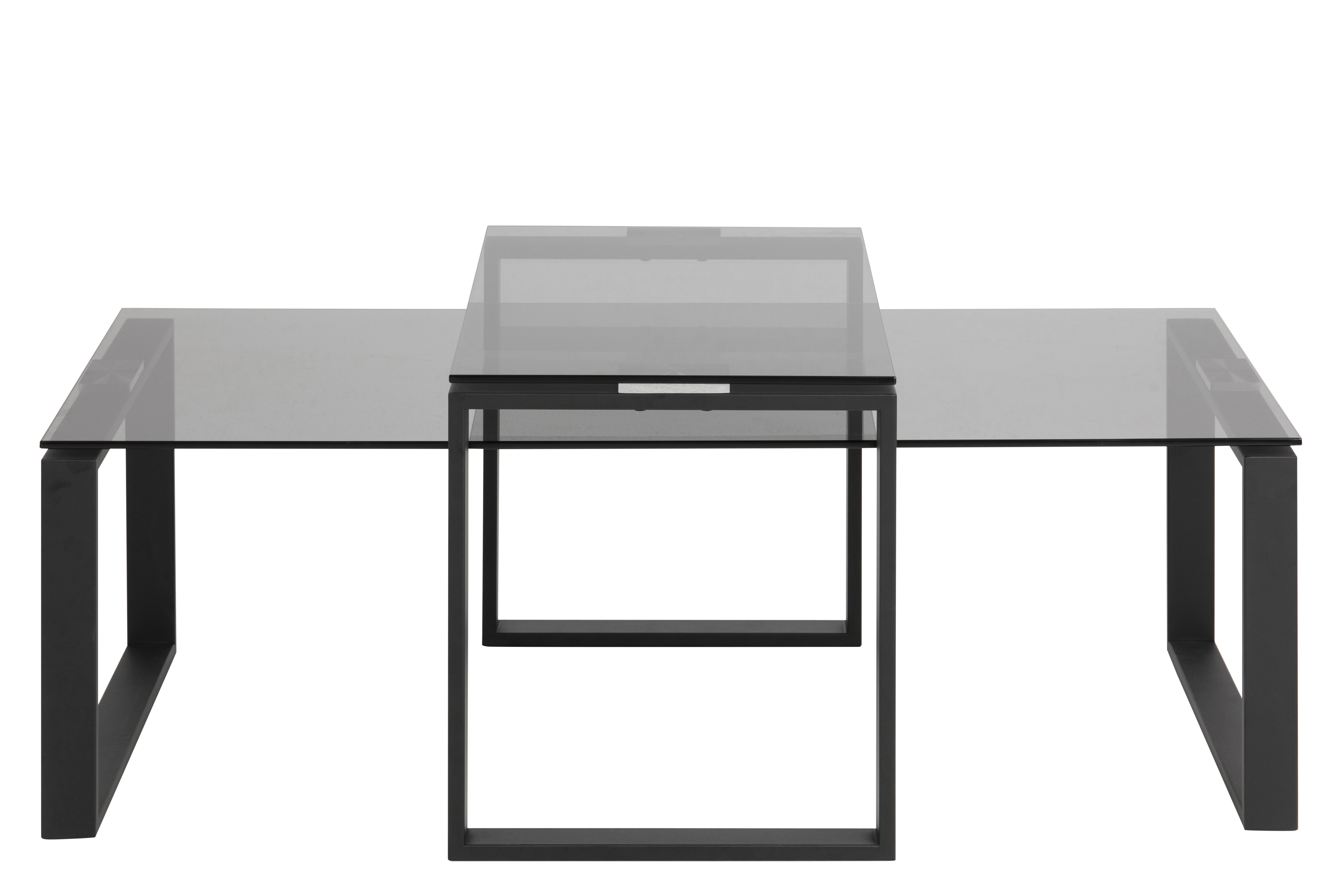 Kate Couchtisch Set Rauchfarbenes Glas und Metall matt schwarz.