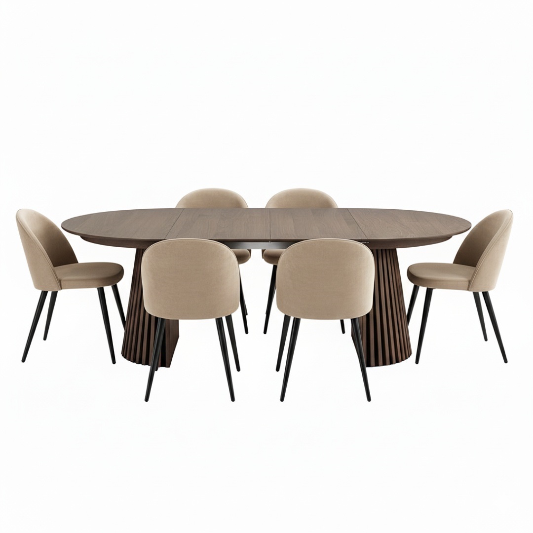 Tokyo Essgruppe Esstisch smoked, 6 Stühle aus beigem Velours.
