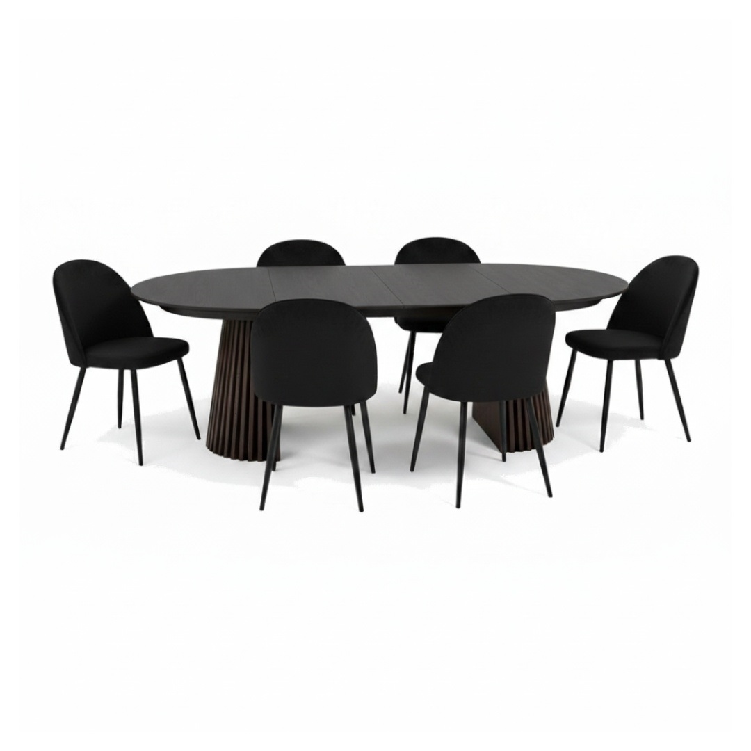 Furnconsult Tokyo Essgruppe Esstisch Schwarz, 6 Stühle Aus Schwarzem Velours.