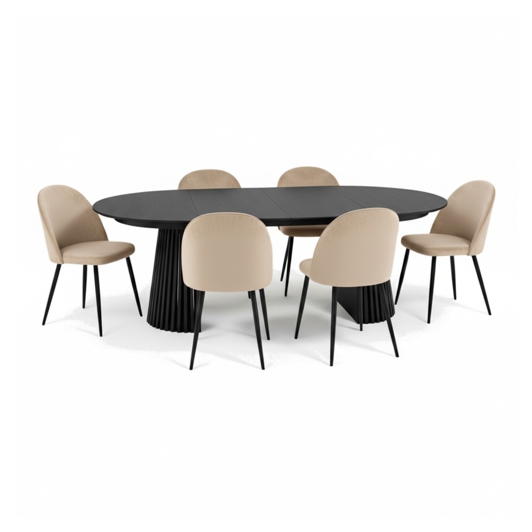 Tokyo Essgruppe Esstisch schwarz, 6 Stühle aus beigem Velours.