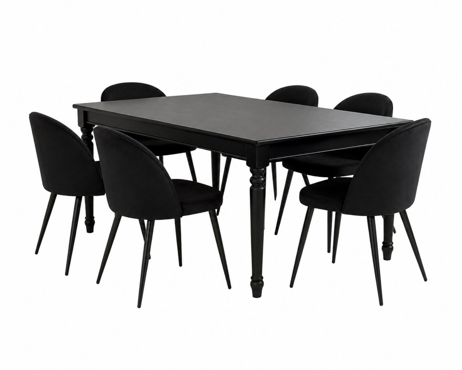 Amaretta Essgruppe Tisch schwarz 6 Stühle Velour schwarz.