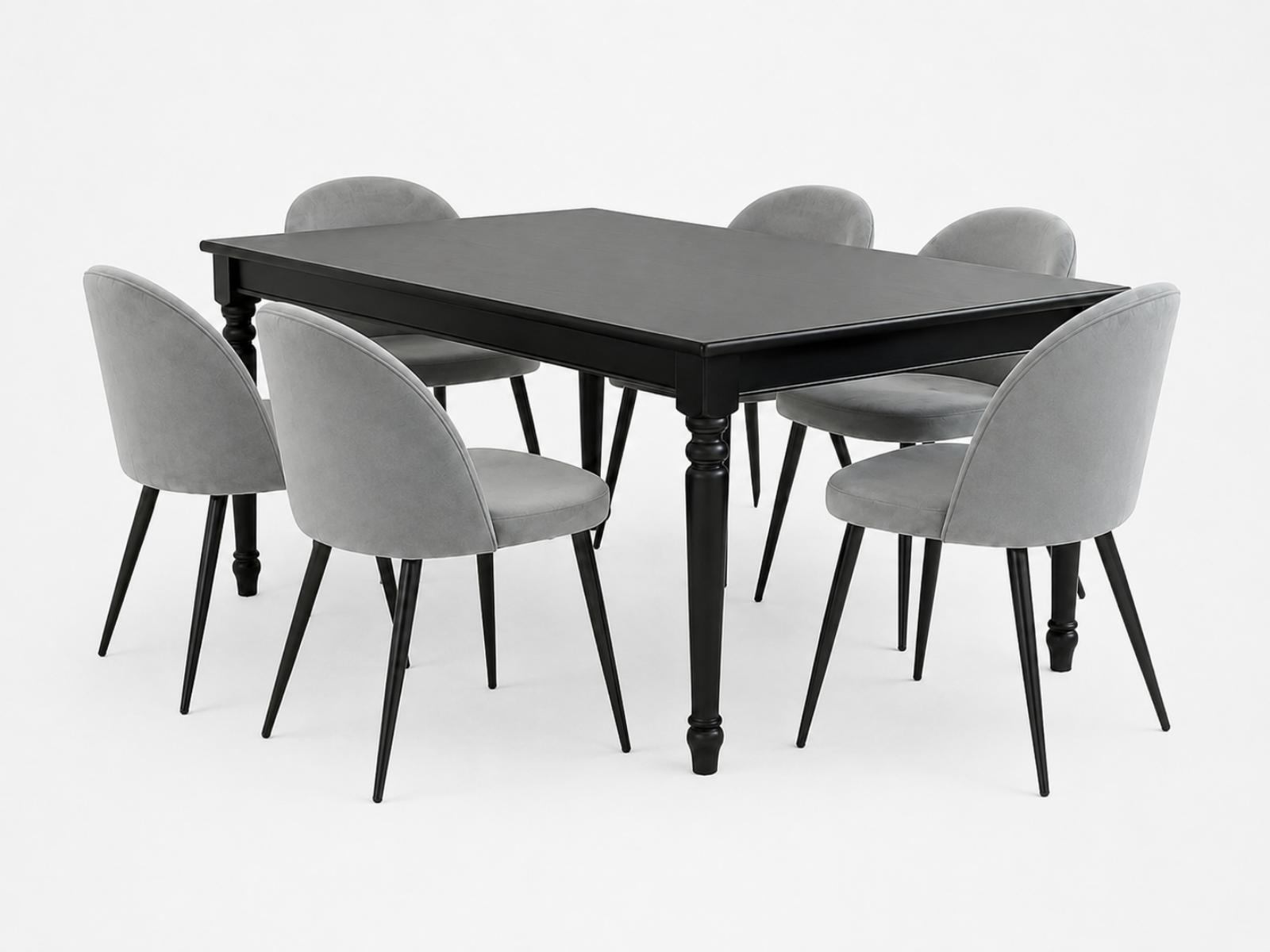 Amaretta Essgruppe Tisch schwarz 6 Stühle Velour grau.