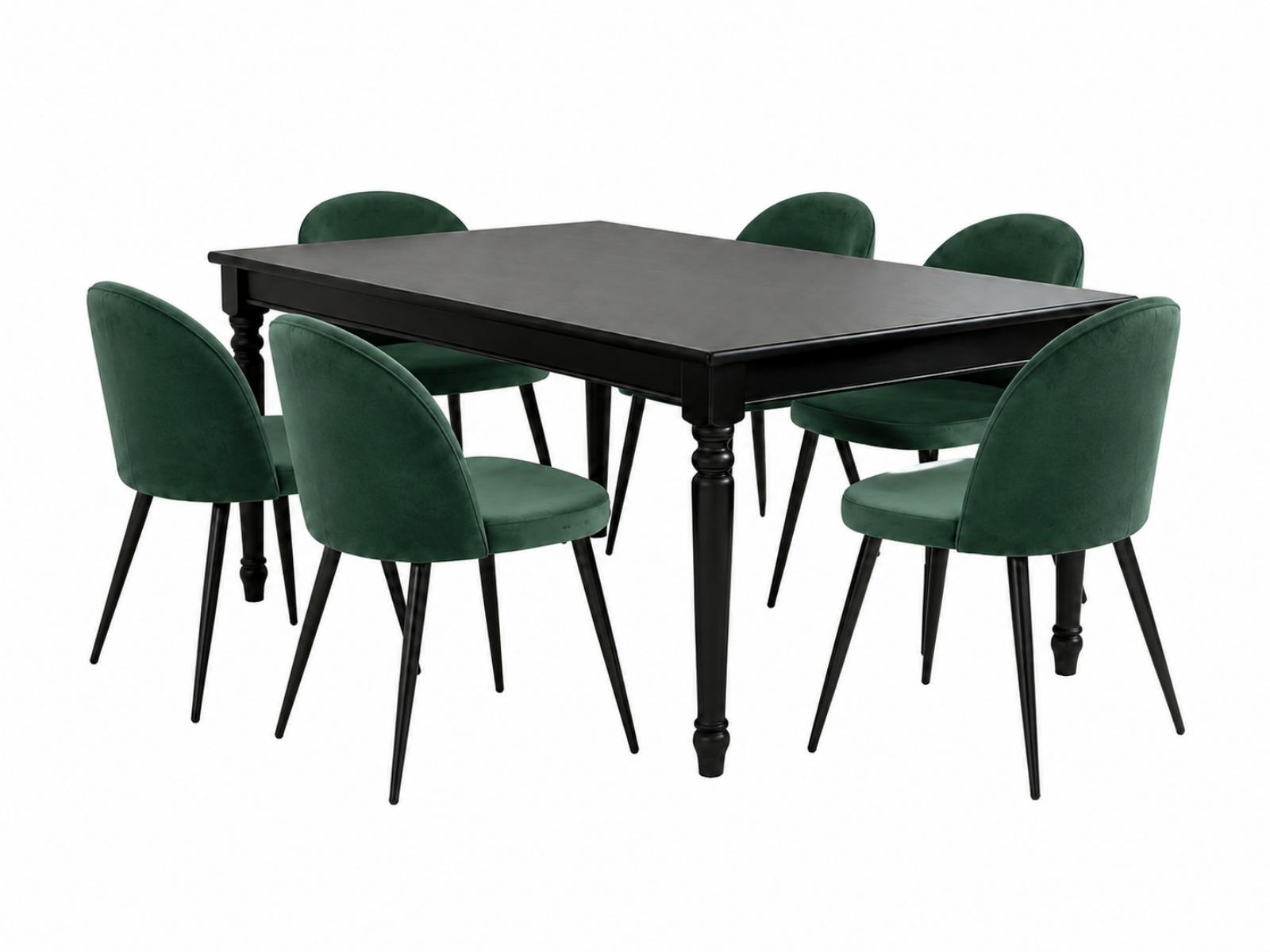 Amaretta Essgruppe Tisch schwarz 6 Stühle Velour grün.