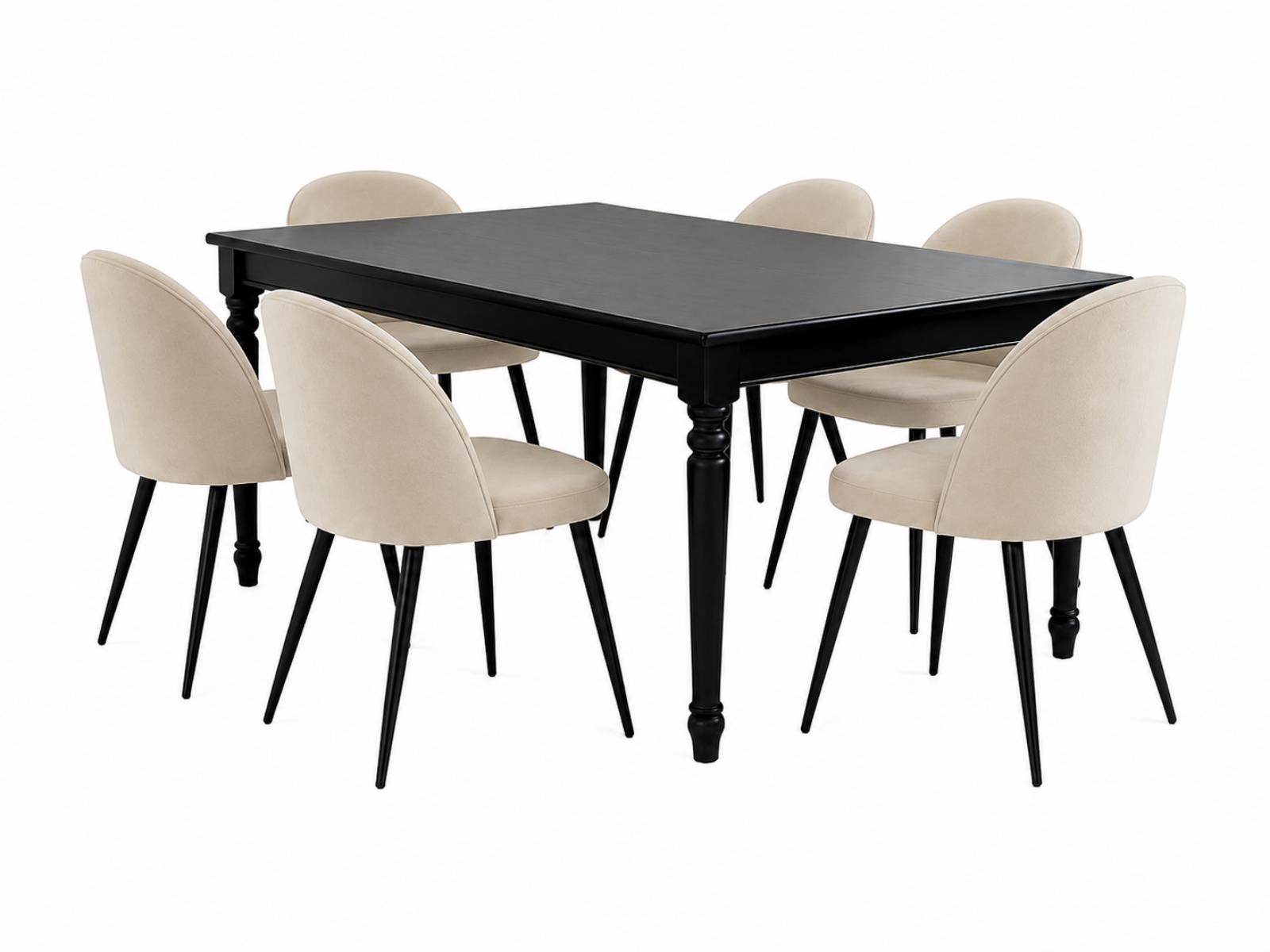 Amaretta Essgruppe Tisch schwarz 6 Stühle Velour beige.