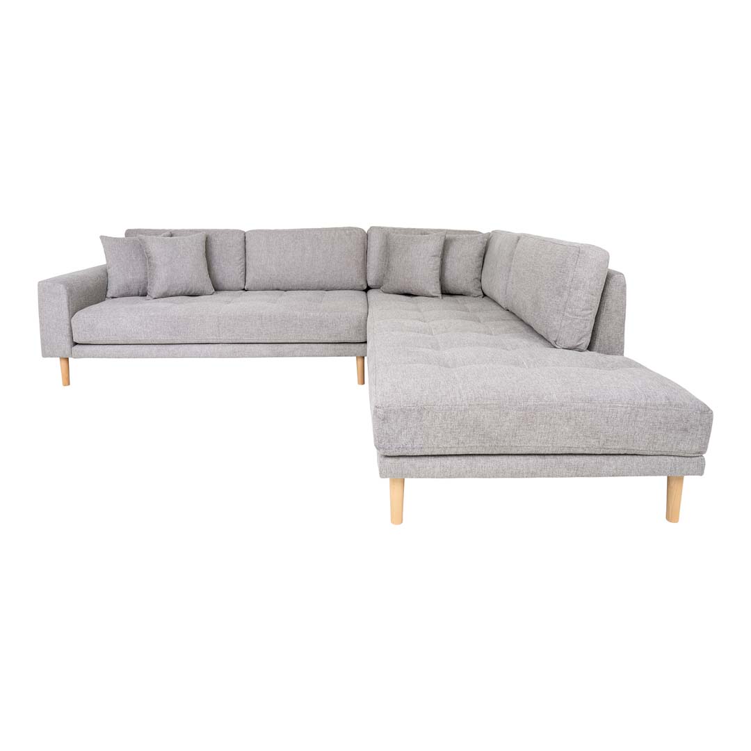 Lido Ecksofa rechts gewendet mit 4 Kissen hellgrau.