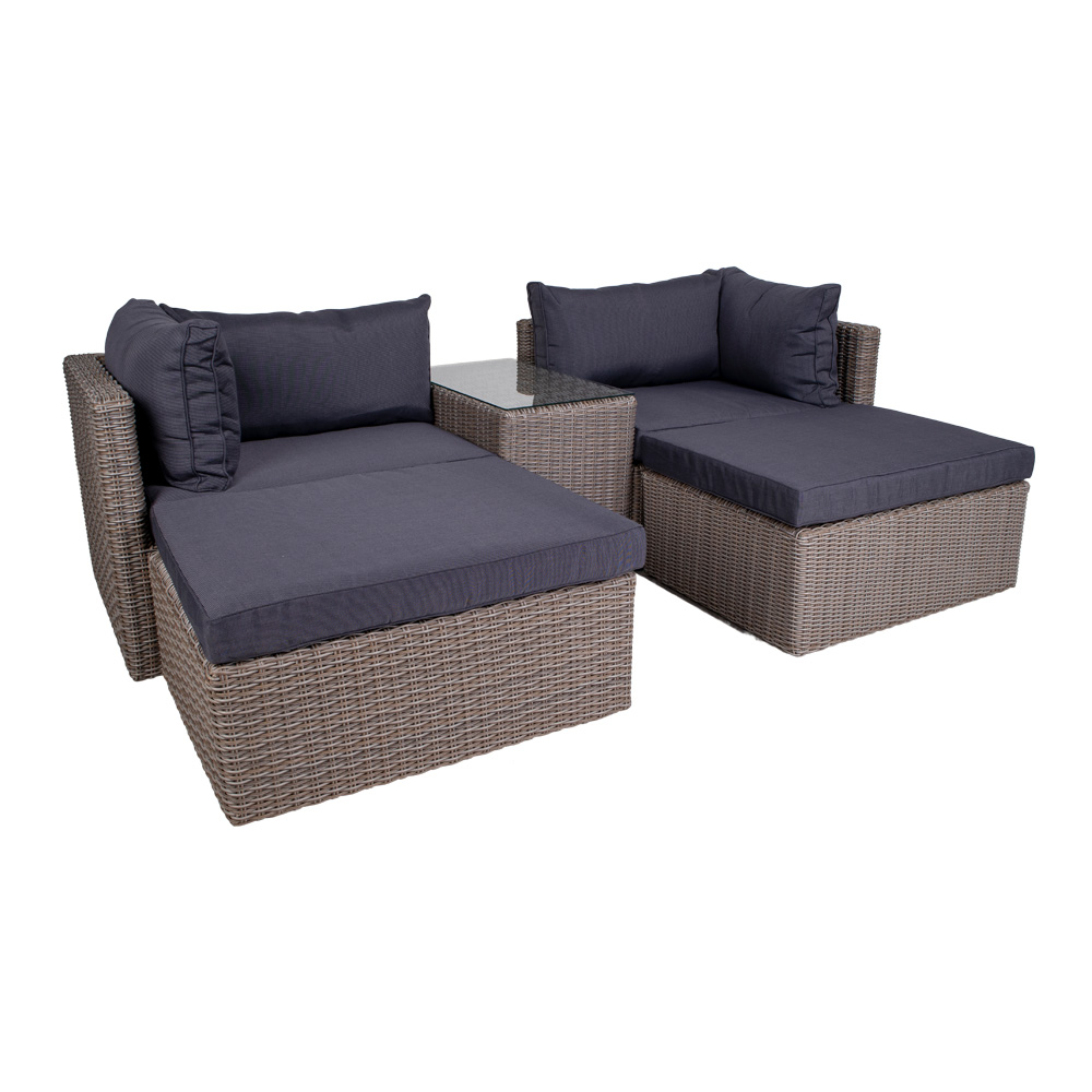 Rosino Loungeset inkl. Sitzkissen, grau mit schwarzen Sitzkissen.