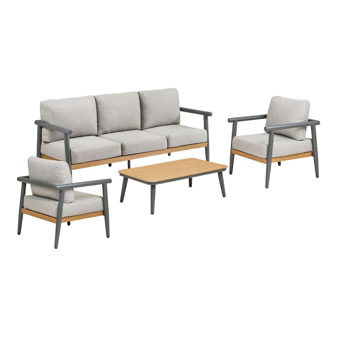 Camilla Lounge-Set inkl. Kissen Sofa, 2 Stühle, 1 Tisch graubeige.