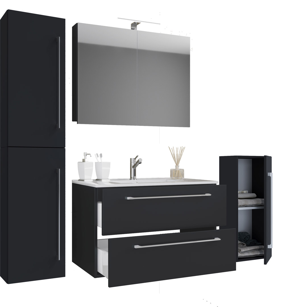 Badinos Badmöbel-Sets A 80 cm, Spiegelschrank Schwarz.
