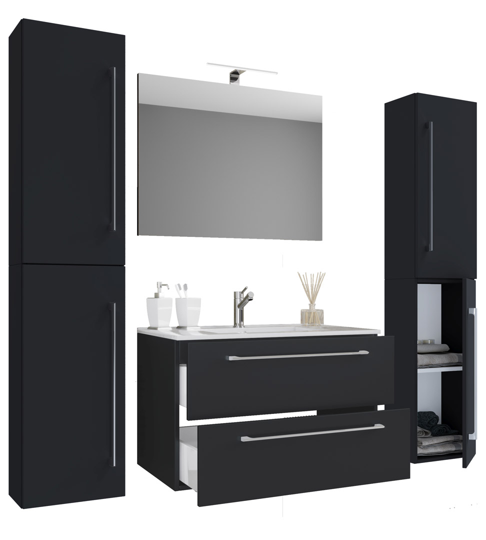 Badinos Badmöbel-Sets B 80 cm, Spiegel Schwarz.