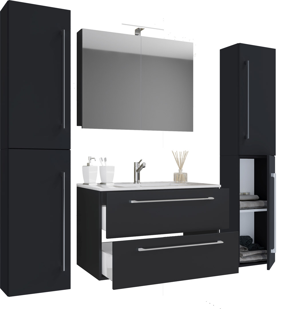 Badinos Badmöbel-Sets B 80 cm, Spiegelschrank Schwarz.