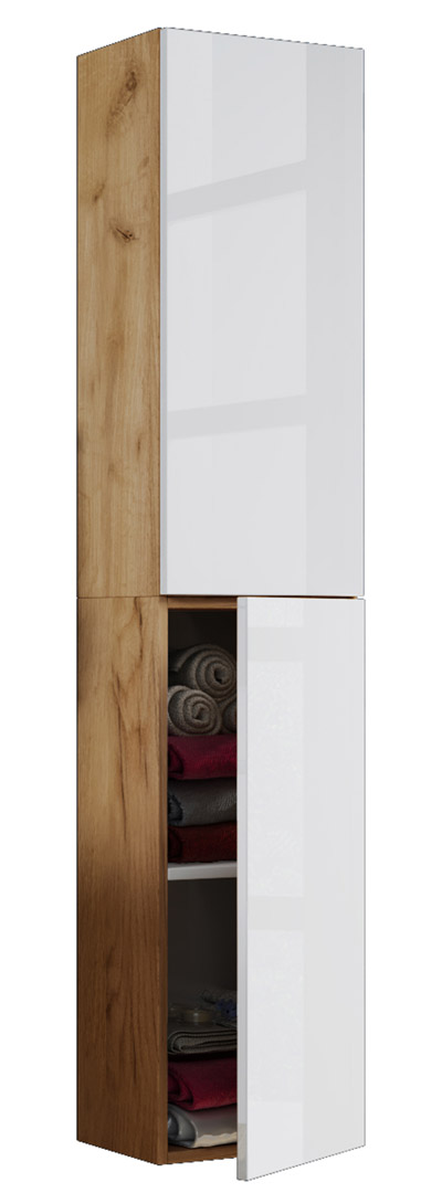Vcm VCB11 Badschrank Hoch Mit 2 Türen Honig Eiche Dekor, Weiß.