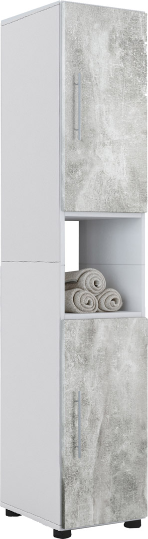 Flandu Badschrank hoch hoch mit 2 Türen Weiß,Beton Optik.