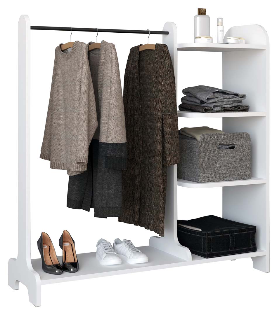 Lempu Kleiderschrank Regal mit Kleiderstange 4 Ablagen weiß.