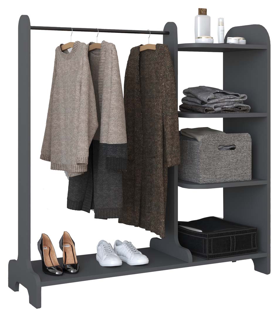Lempu Kleiderschrank Regal mit Kleiderstange 4 Ablagen anthrazit.