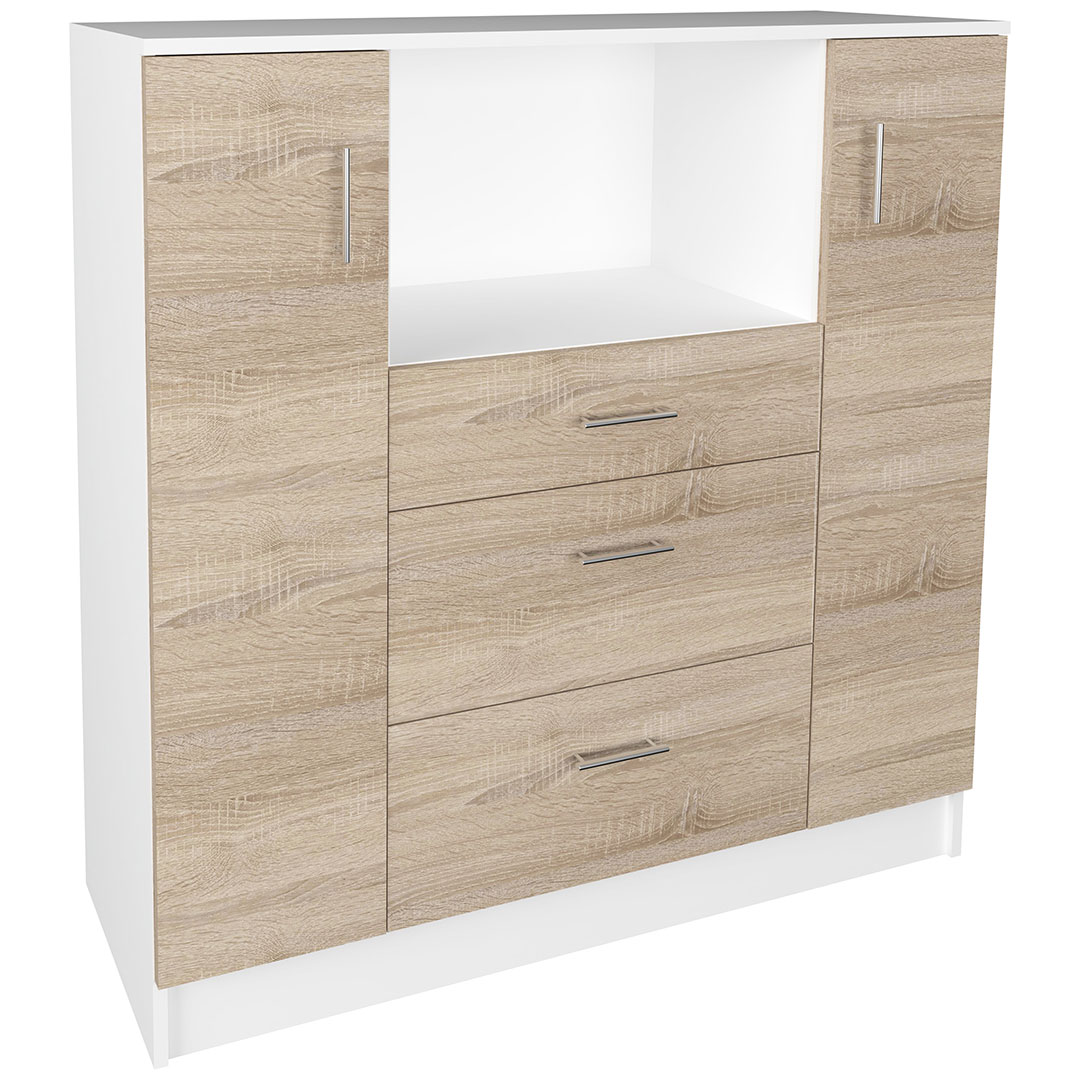 Vcm Esilo Küchenregale Schrank 2 Türen, 2 Schubladen, 1 Ablage Eiche Dekor, Weiß.