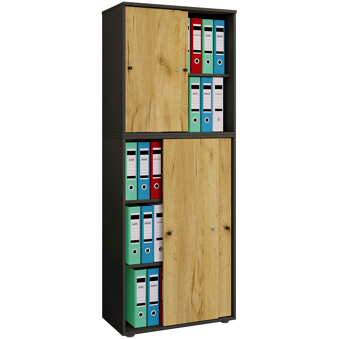 Vcm LonaXXL5ST Büroschrank 4 Türen Anthrazit, Eiche Dekor.