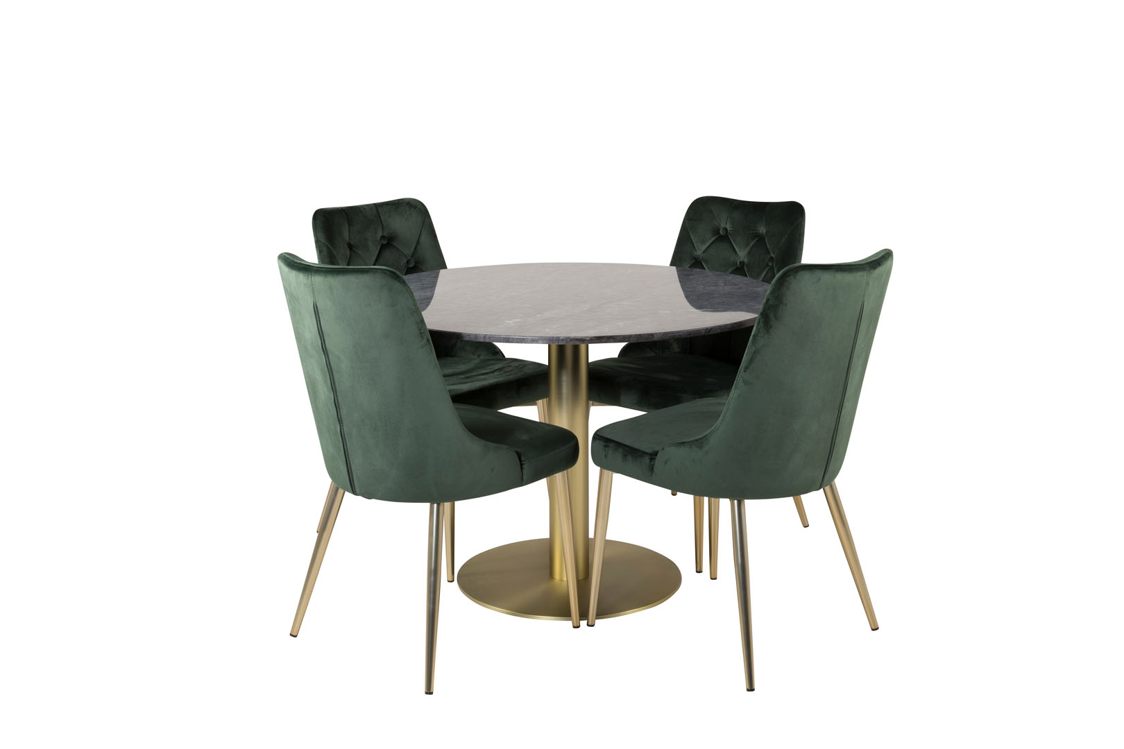 EstelleØ106BLBR Essgruppe Esstisch schwarz, Marmor und 4 Velvet Deluxe Esszimmerstühle Velour grün, Messing dekor.