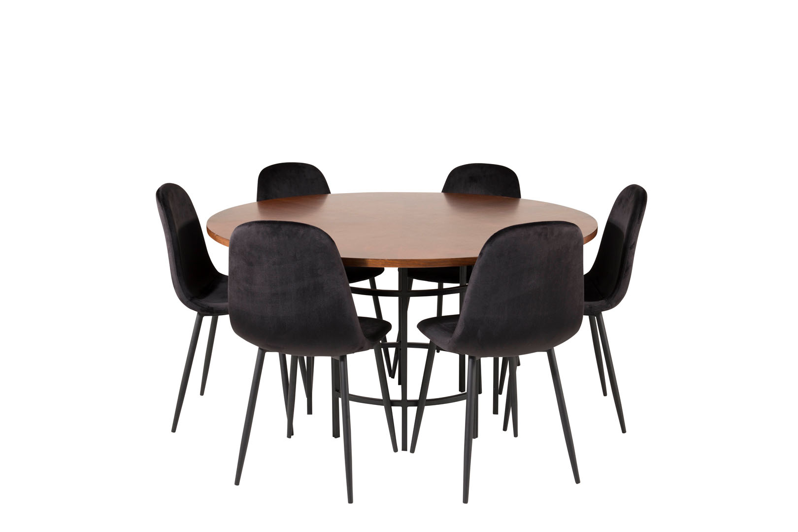 Copenhagen Essgruppe Esstisch braun und 6 Polar Esszimmerstühle Velour schwarz.