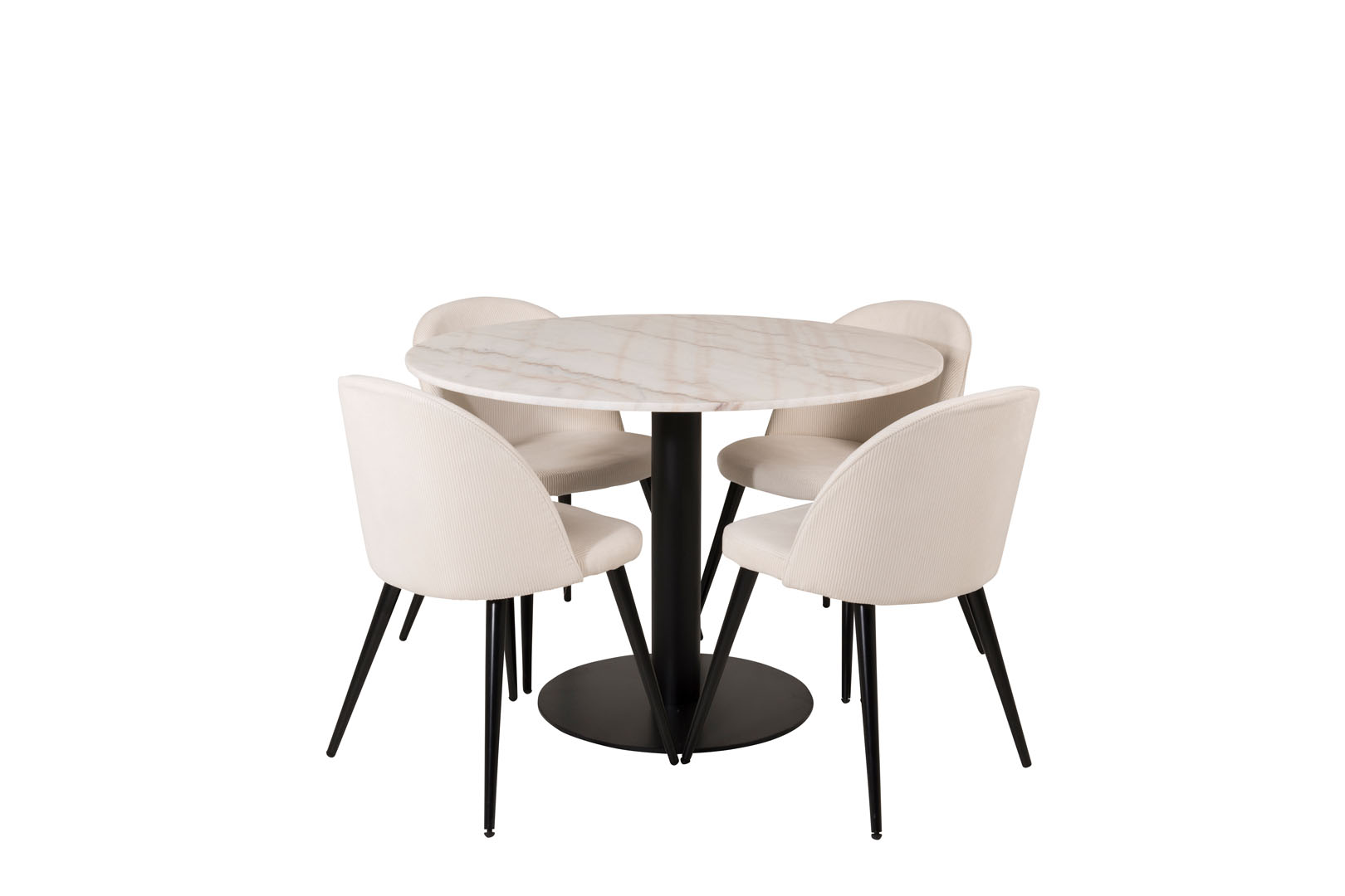 EstelleØ106WHBL Essgruppe Esstisch weiß, Marmor und 4 Velvet Esszimmerstühle Samt beige, schwarz.