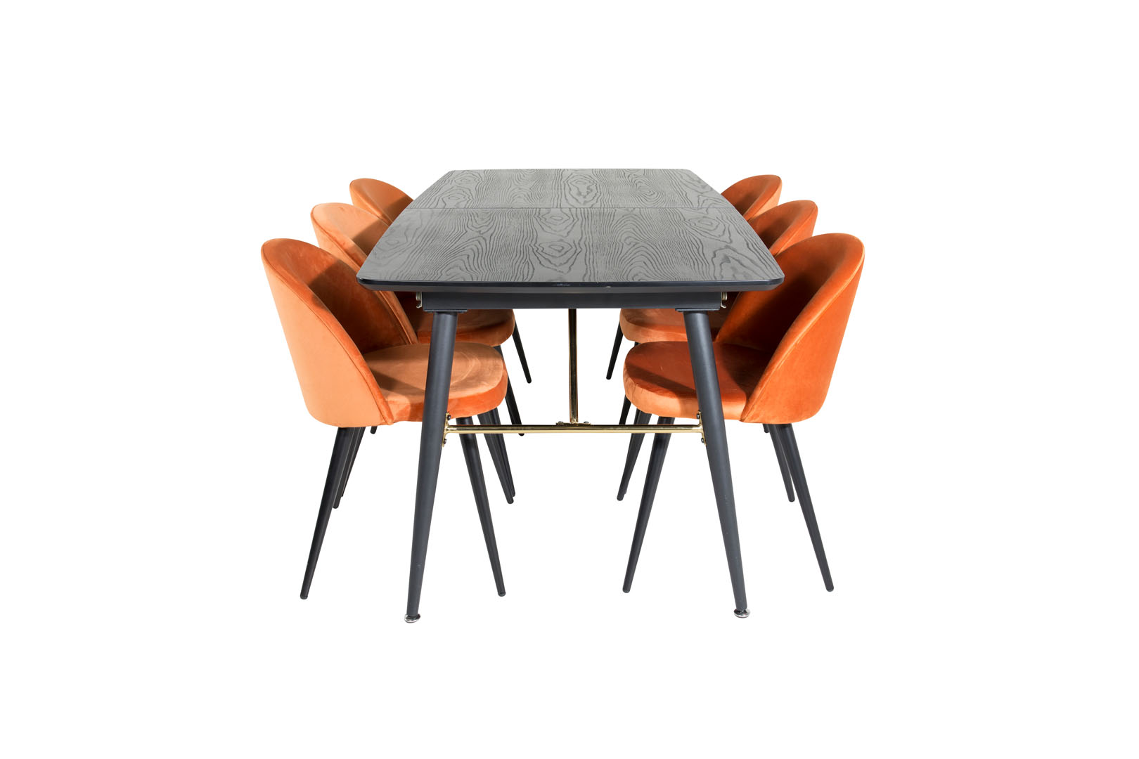 Venture Design Gold Essgruppe Esstisch Ausziehbarer Tisch Länge Cm 180 / 220 Schwarz Und 6 Velvet Esszimmerstühle Velour Orange, Schwarz.