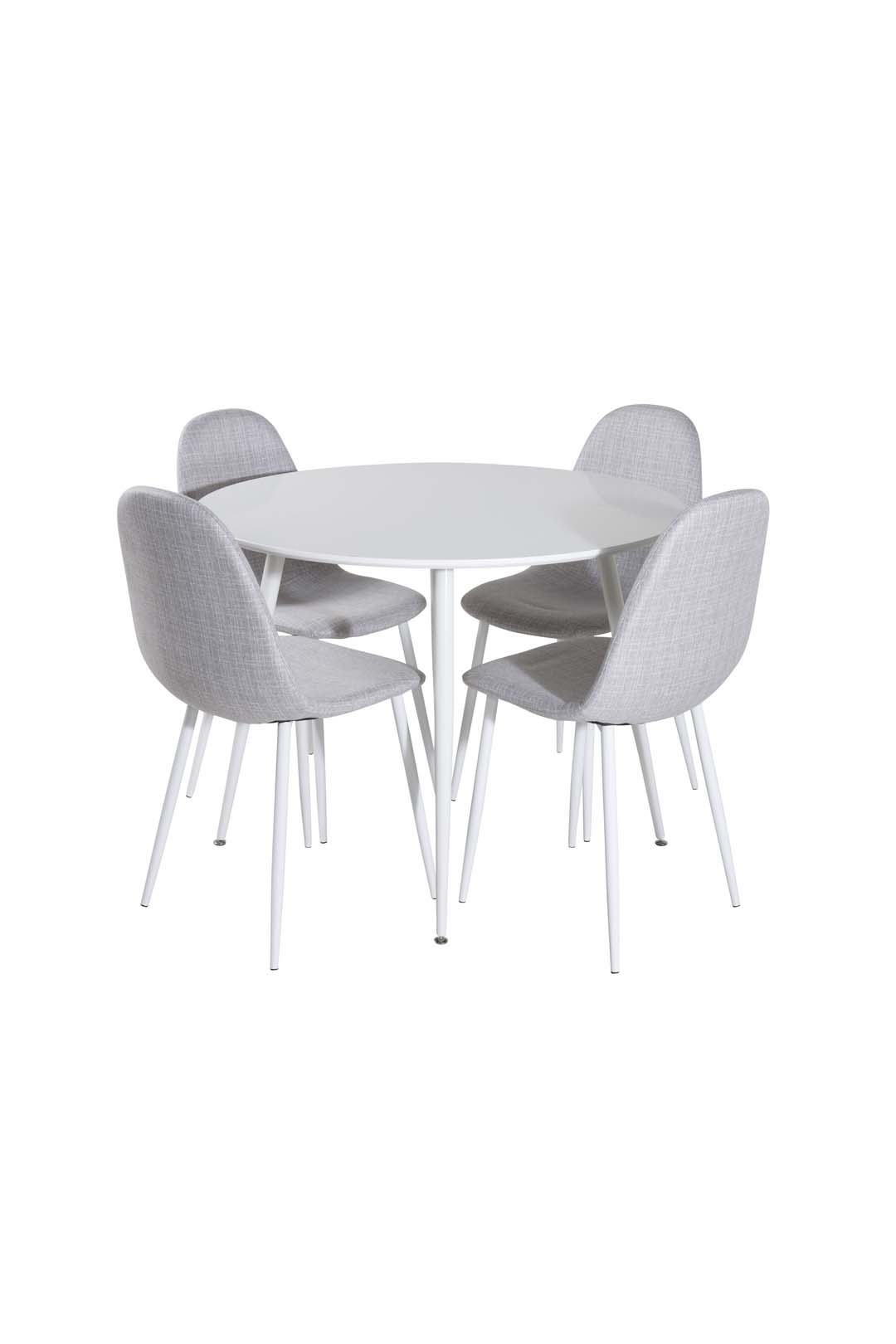 Plaza Essgruppe Tisch weiß und 4 Polar Stühle grau.