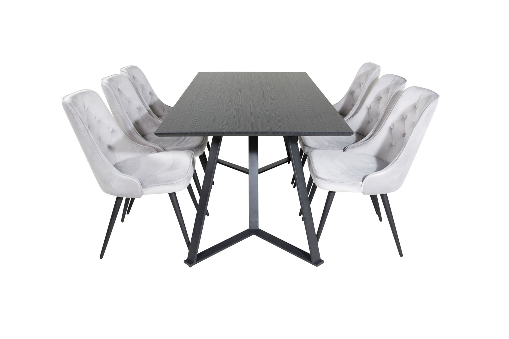 MarinaBLBL Essgruppe Esstisch schwarz und 6 Velvet Deluxe Esszimmerstühle Velour hellgrau.
