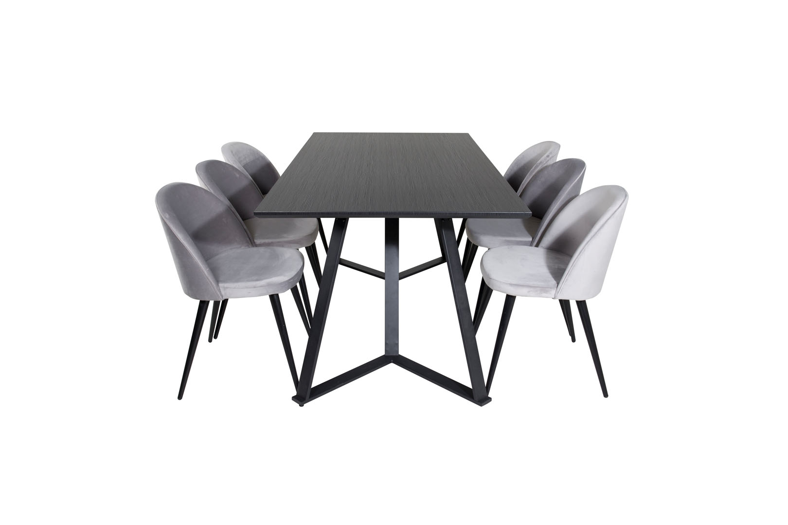 MarinaBLBL Essgruppe Esstisch schwarz und 6 Velvet Esszimmerstühle Velour hellgrau.