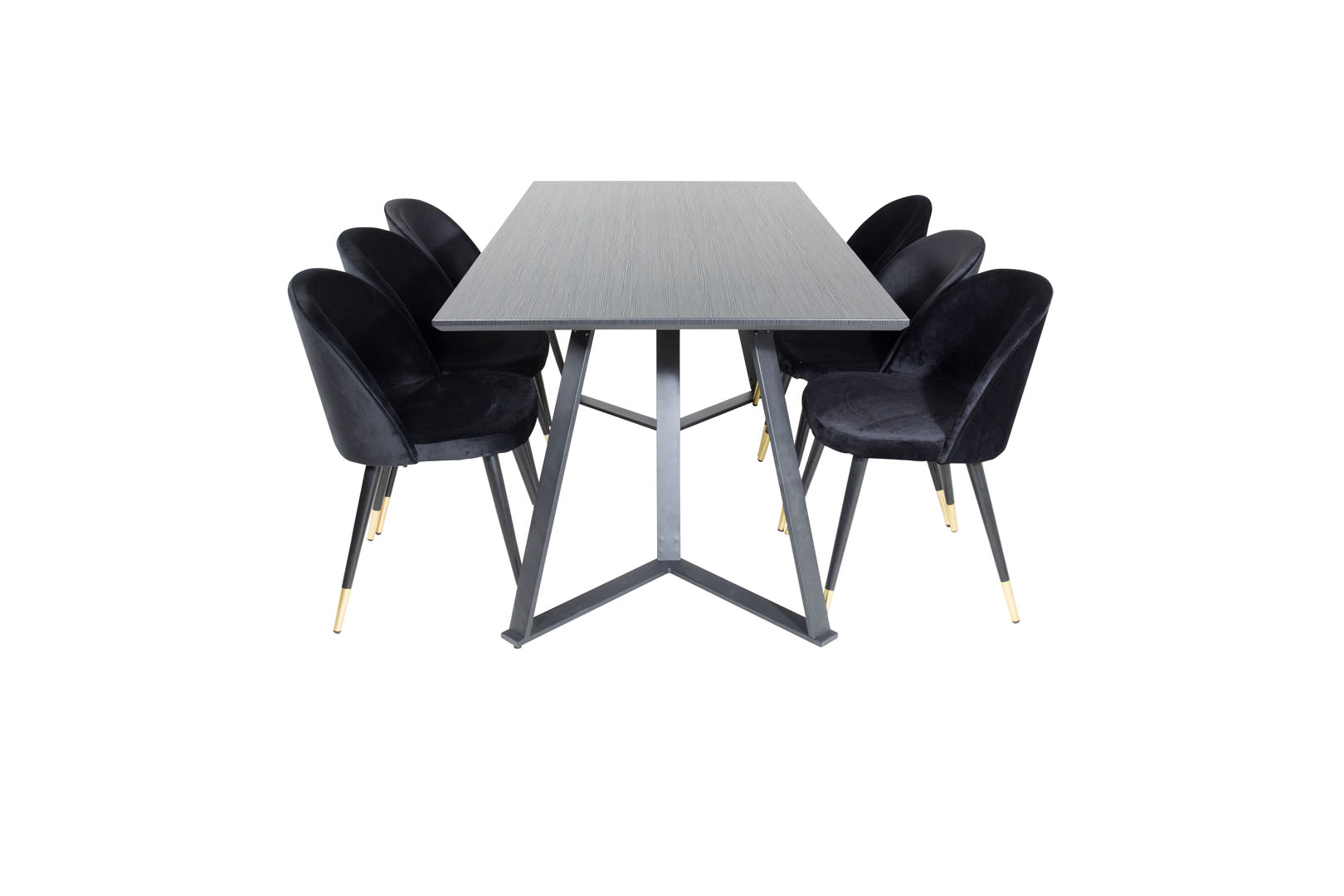 MarinaBLBL Essgruppe Esstisch schwarz und 6 Velvet Esszimmerstühle Velour schwarz, Messing dekor.