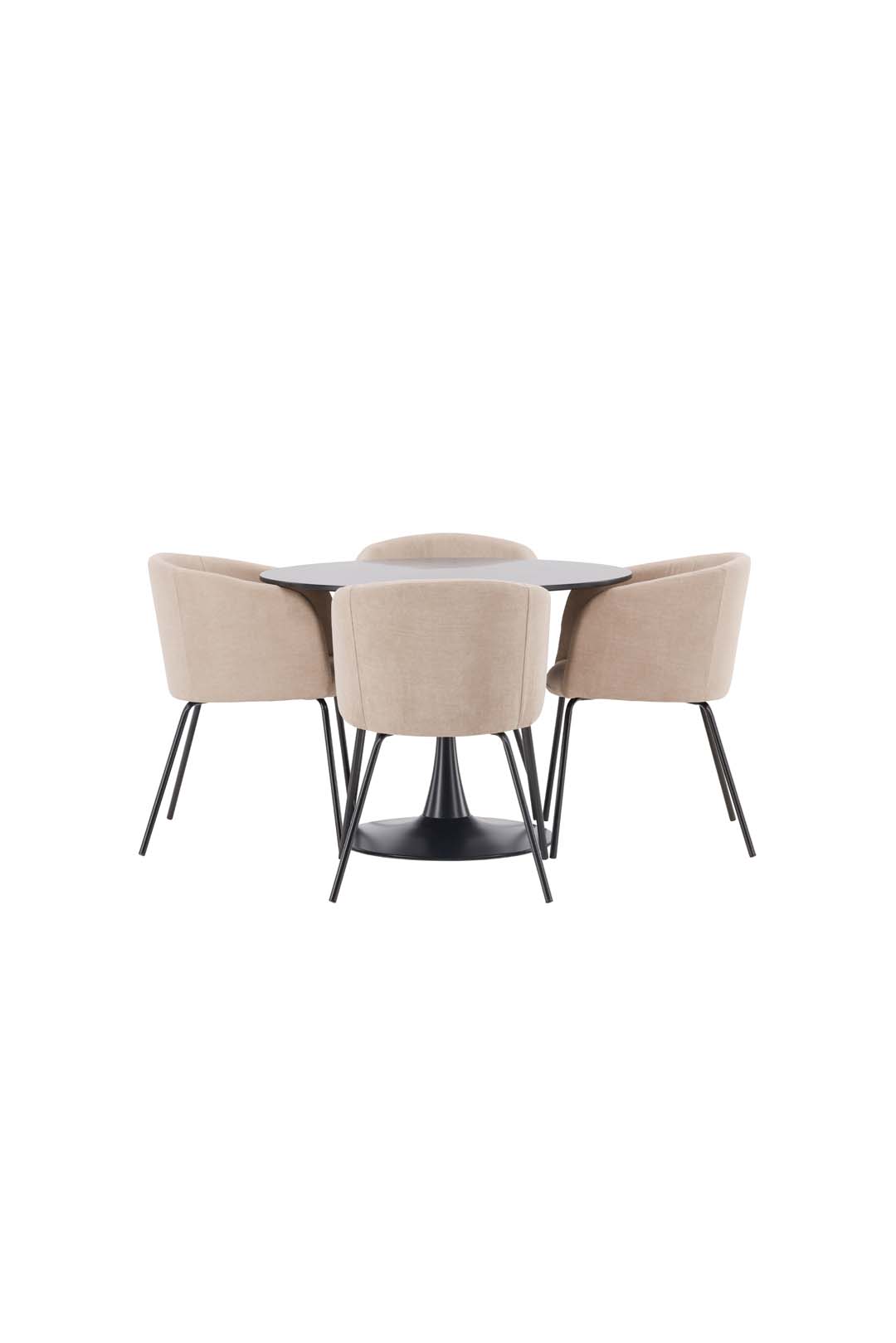 Glade Essgruppe Tisch schwarz und 4 berit Stühle beige.