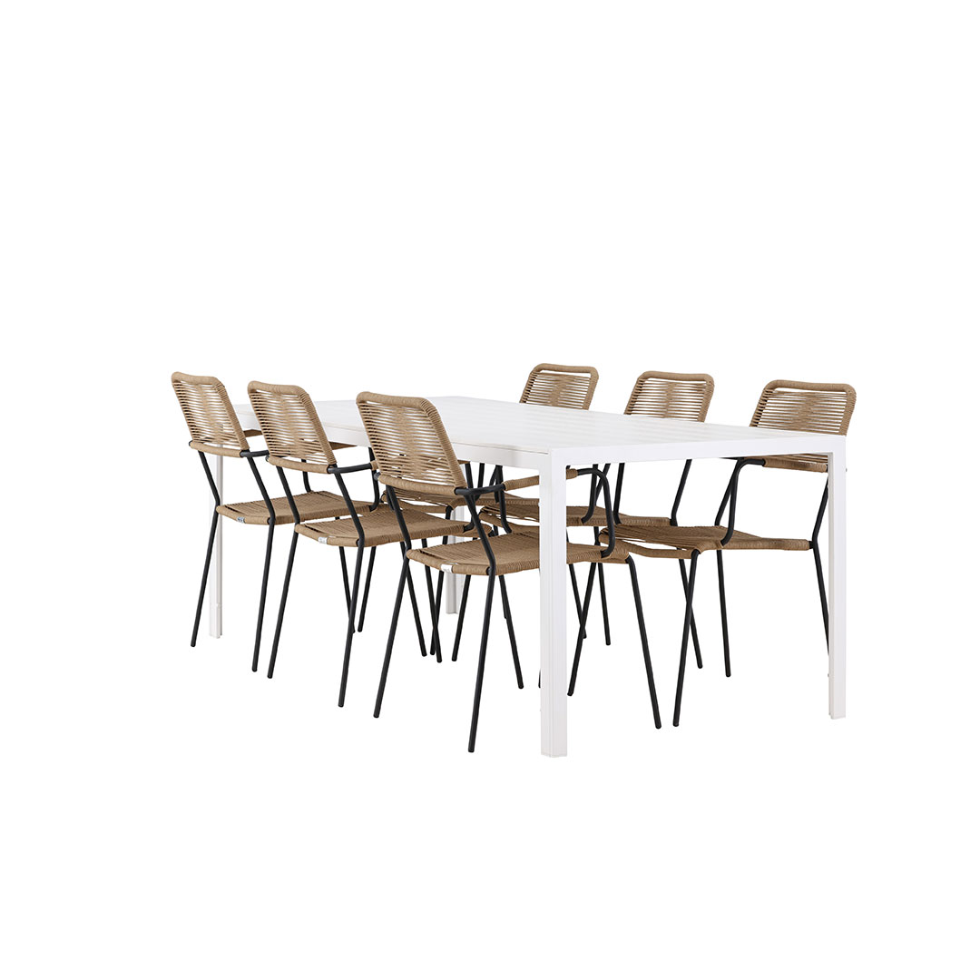 Break Gartenset Tisch 90x205cm weiß, 6 Stühle braun.