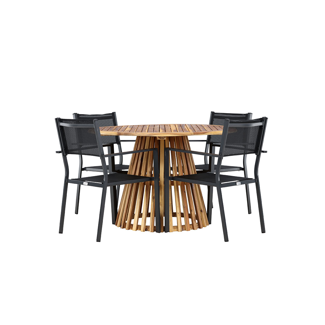 Venture Design Lumpur Gartenset Tisch Ø120cm Natur, 4 Stühle Schwarz.
