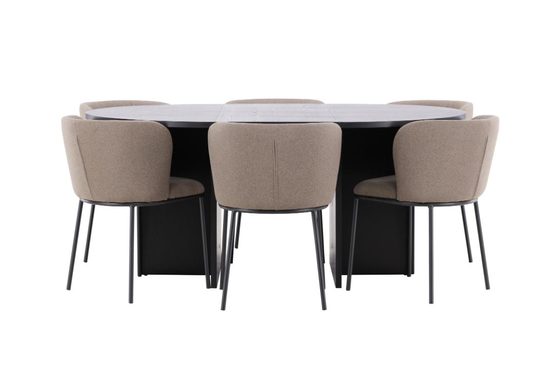 Strada Essgruppe Ausziehtisch Ø120cm, 170cm Und 6 Stühle Schwarz, Braun.