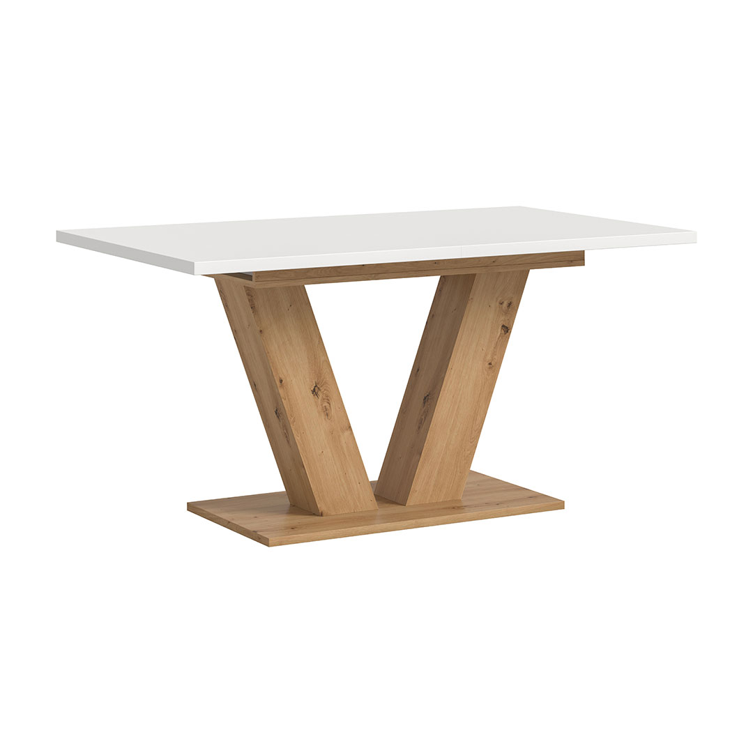 Motion Esstisch V-Fuß 90x150/190cm inkl. 1 Einlegeplatte weiß, Eiche Dekor.