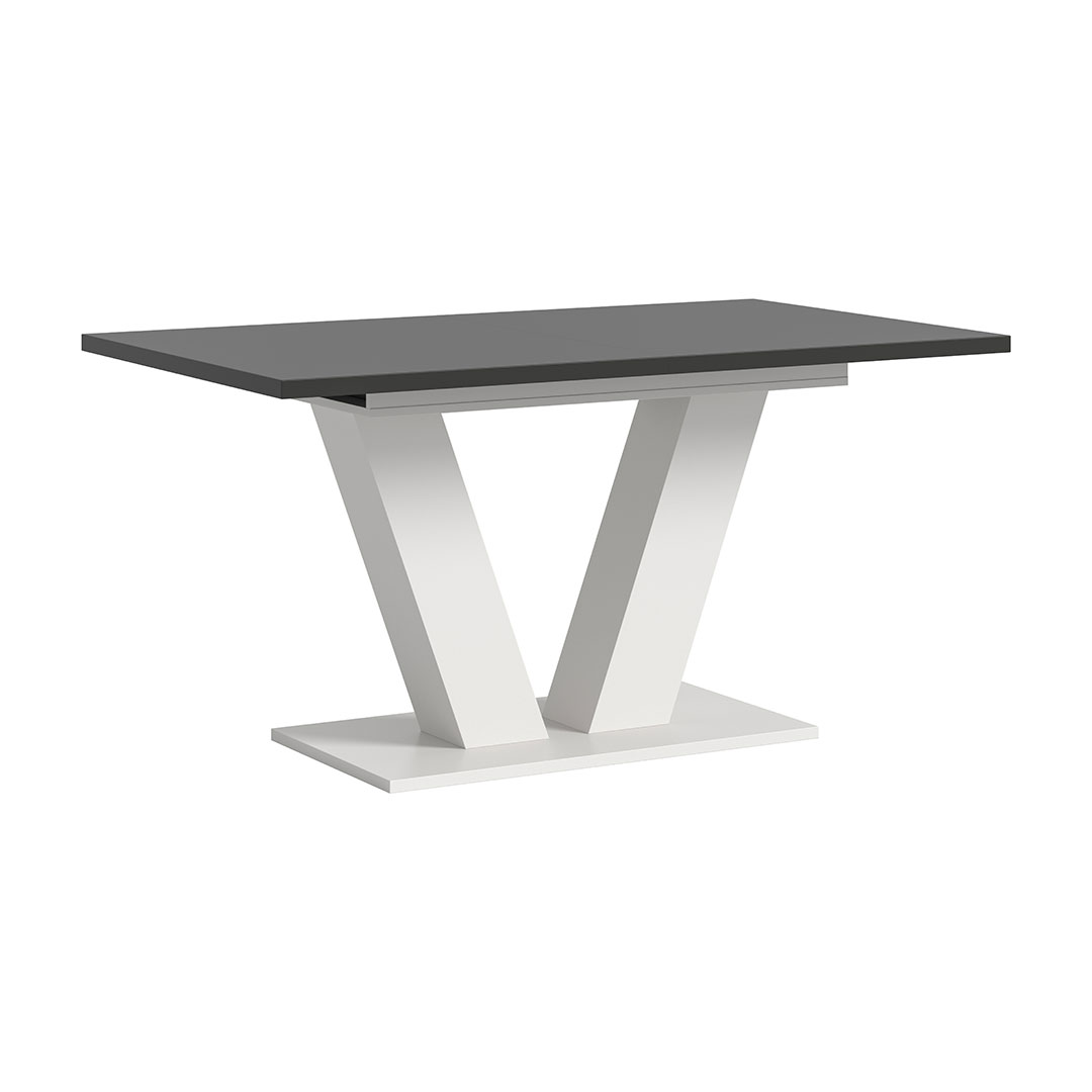 Motion Esstisch V-Fuß 90x150/190cm inkl. 1 Einlegeplatte grau, weiß.