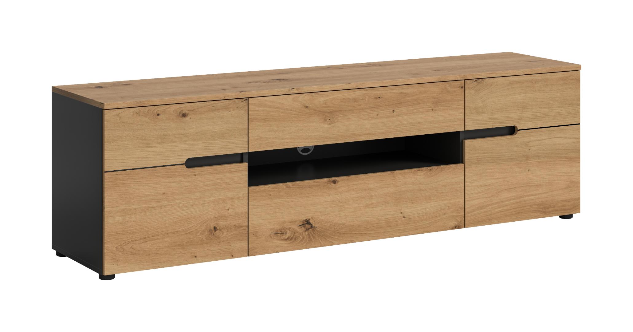 Xonox-home Canu Tv Tisch 2 Türen, 1 Klappentür, 1 Schublade, 1 Regal Eiche Dekor, Dunkelgrau.