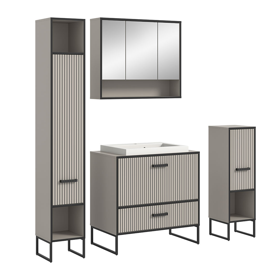 Bagno Badmöbelset 4 Teile inkl. Waschbecken hellgrau, cremefarben.