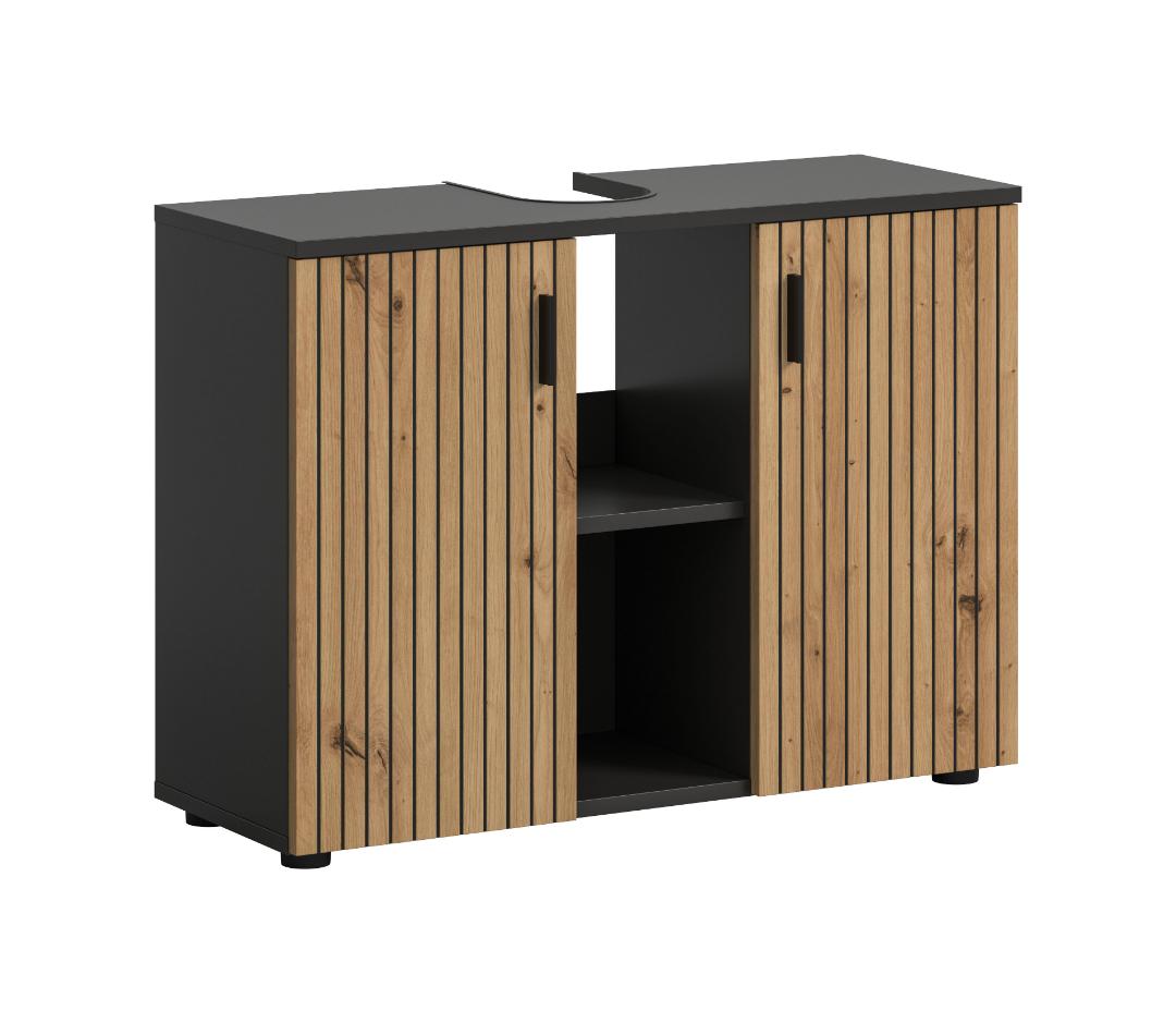 Xonox-home Mone Waschbeckenunterschrank 2 Türen, 2 Regale Eiche Dekor, Dunkelgrau.