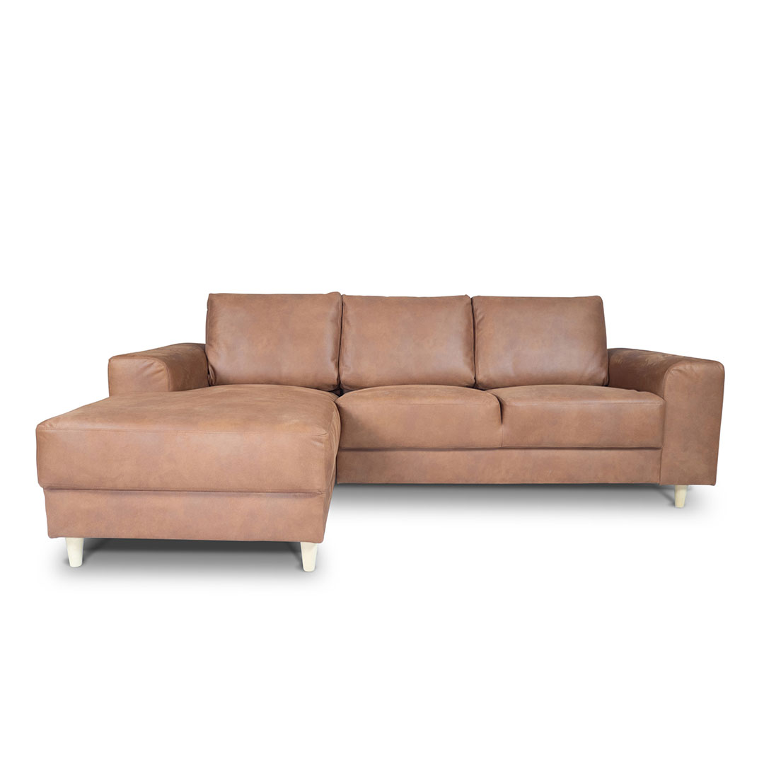 Sk Design Nordic Sofa Mit Chaiselong Links Gewendet Cognacfarben Lederfaserstoff.