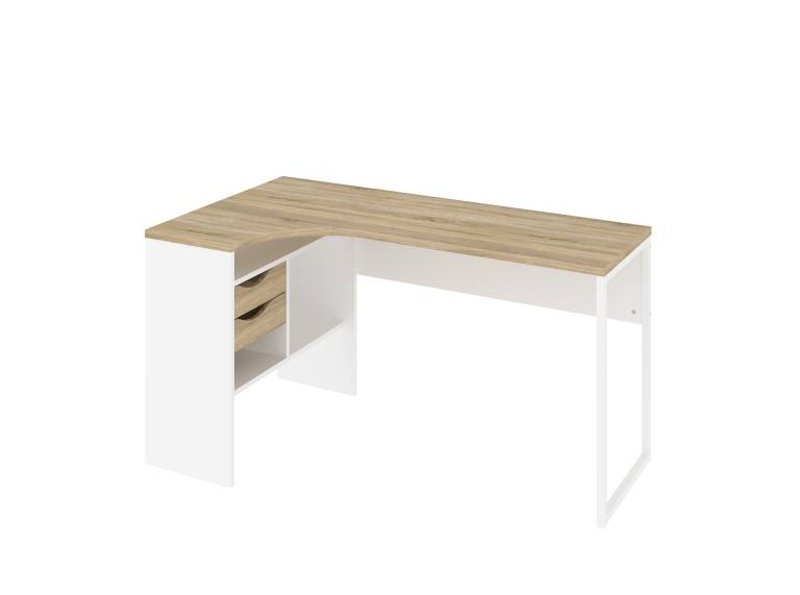 Tvillum Plus Eckschreibtisch Mit 3 Ablagen Und 2 Schubladen, Weiss Und Eichenstruktur.