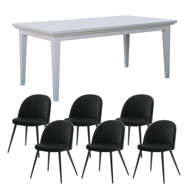 Venedig Essgruppe Tisch wei 95x180/276 mit 2 Stk. Zusatzplatten 6 Sthlen Velour schwarz.