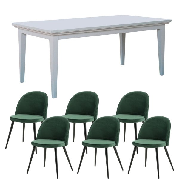 Venedig Essgruppe Tisch wei 95x180/276 mit 2 Stk. Zusatzplatten 6 Sthlen Velour grn.