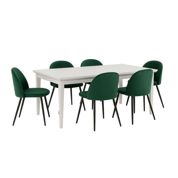 Venedig matgrupp matbord vit 95x180/276 med 2 st. tillgsskivor 6 stolar velour grn.