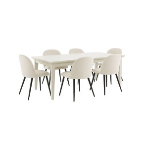 Venedig matgrupp matbord vit 95x180/276 med 2 st. tillgsskivor 6 stolar sammet beige.