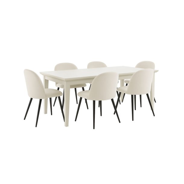 Venedig matgrupp matbord vit 95x180/276 med 2 st. tillgsskivor 6 stolar sammet beige.