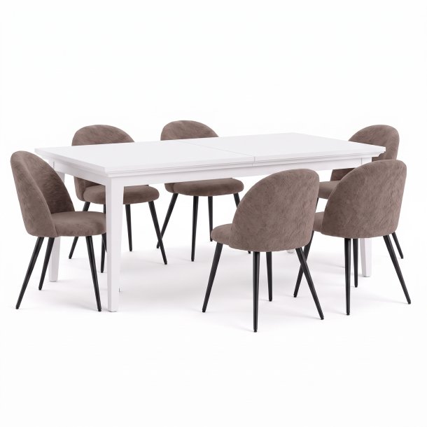 Venedig ensemble pour salle � manger table blanc 95x180/276 incl. 2 rallonges et 6 chaises boucl� marron.